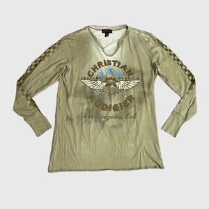 NEW CHRISTIAN AUDIGIER GRAPHIC PRINT LONG SLEEVE TEE IN OLIVE GREEN MEN’S XXL